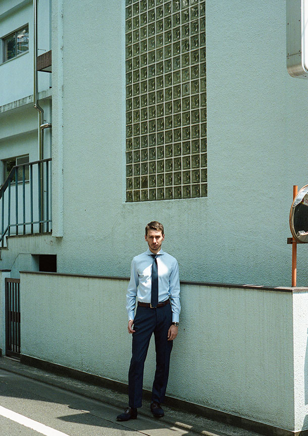 Dressy Herringbone(sax)シャツの着用2