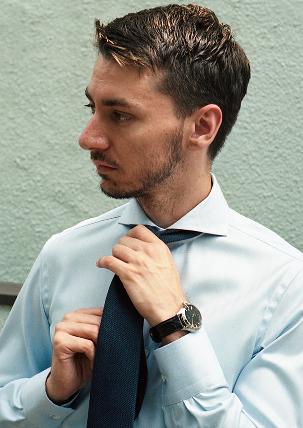 Dressy Herringbone(sax)シャツの着用3