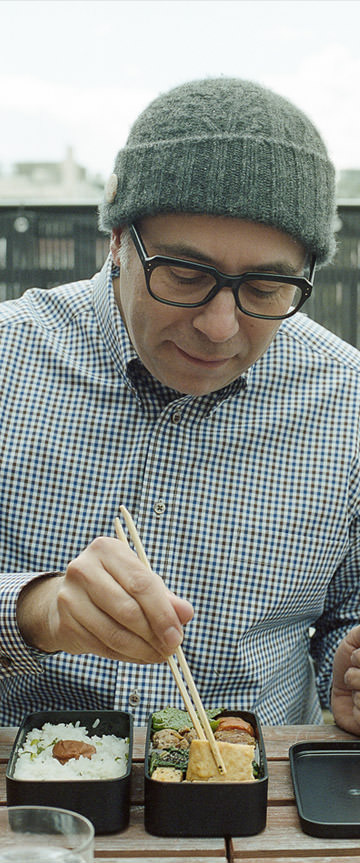 Gingham Check(brown blue white)シャツの着用3